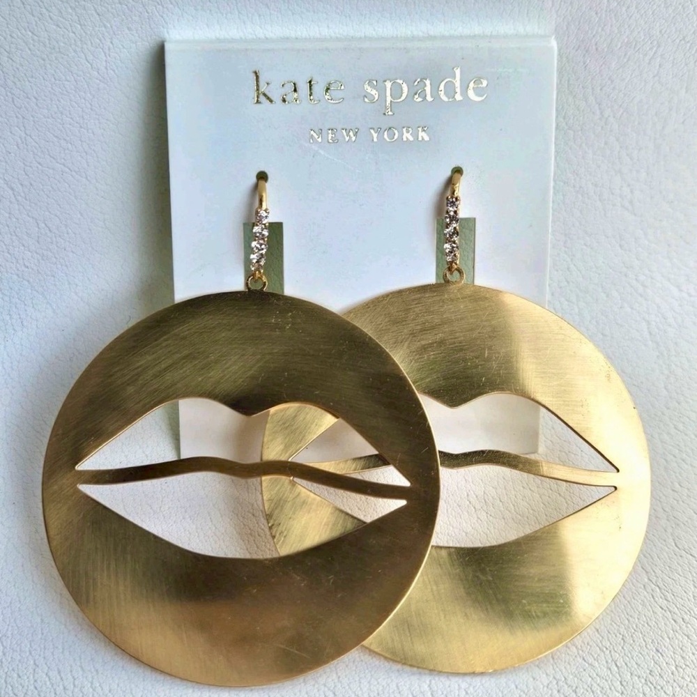 Rare Kate Spade Gold Lip Cutout Drop Earrings Rhinestone Statement Large Circles - Picture 2 of 3